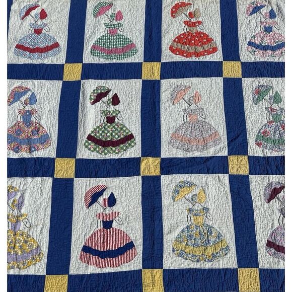 Vintage Parasol Ladies Quilt Hand Stitched Appliqués Blue Border Twin 74”X91” - Picture 5 of 16